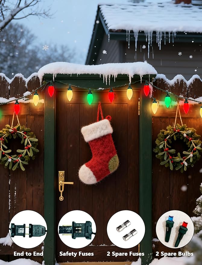 26FT C9 Red Green and White Christmas String Lights, Outdoor Christmas Decorations Lights with 50 C9 LED Bulbs, Plug in Vintage Christmas Lights Waterproof for Tree Patio Roofline Party Garden Decor
