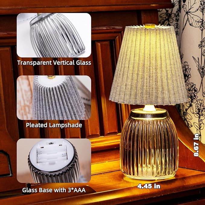 MJ PREMIER Small Battery Operated Lamp Cordless Lamp with Timer Pleated Lamps for Shelf Decor 8.7 inch High Battery Powered Lamps Emergency Light with Glass Base for Bathroom Livingroom Grey