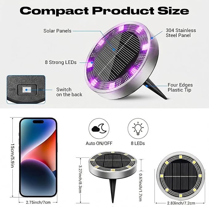 Peasur Solar Ground Lights Outdoor, 12 Pack Flat Solar Powered Disc Lights, IP68 Waterproof, Anti-Rust, Landscape Lighting for Pathway Garden Yard Lawn Walkway Landscape Driveway, Purple