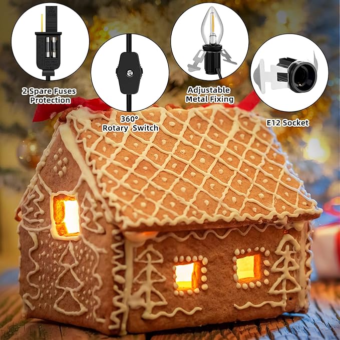 Enhon Accessory Cord with 1 LED Light Bulb, 6ft Blow Mold Light Cord with C7 Bulbs, Black Cord with On/Off Plug, Christmas Village Light for Holiday Indoor House Decoration Craft Projects(2 Pack)