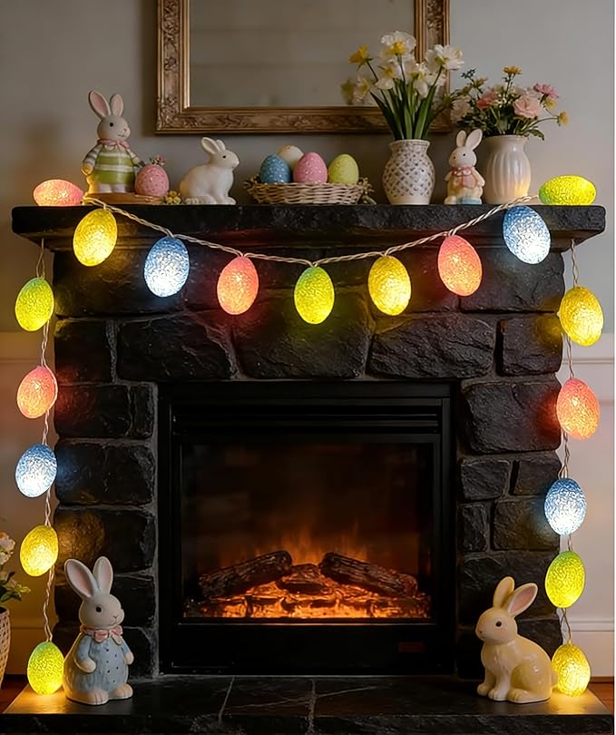 LED Easter Egg Lights String, 10ft 10 LED Pastel Lights, Steady On Easters Eggs Ornaments Battery Powered for Easter, Party, Home Decorations, White Wire