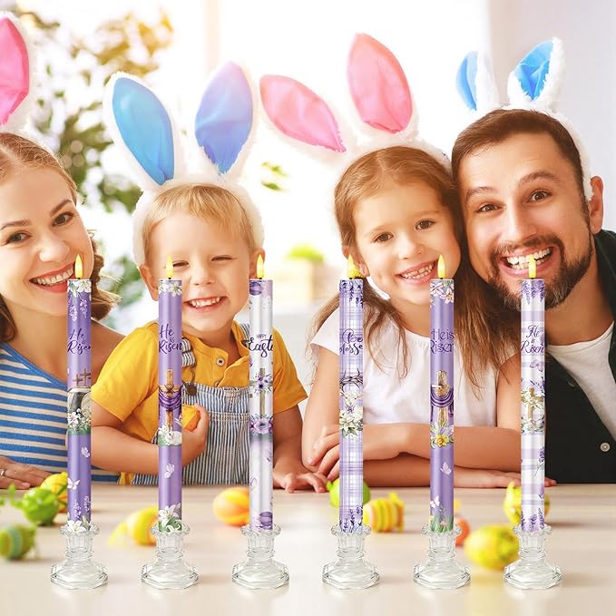 6 Pcs Easter Flameless Candle Set He is Risen LED Flameless Taper Lent Candles with Battery Operated Purple Cross Christian Celebration Candles with Remote for Easter Spring Home Decor Gifts