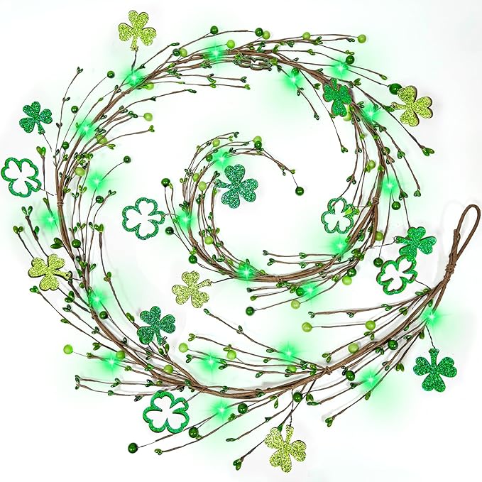 Timer - Lighted St Patricks Day Garland St Patricks Day Decorations, 6 Ft Shamrock Garland with 20 Green Lights Berried Artificial Clover Garland Irish St. Patrick's Day Decor for Home Mantle Table