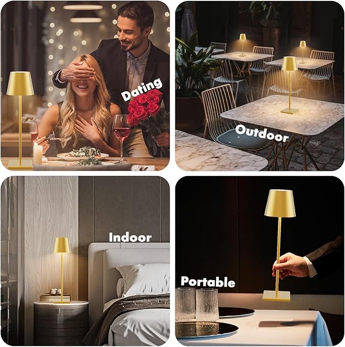 2-Pack LED Cordless Table Lamp 3W 5000mAh Rechargeable Battery Operated Stepless Dimmable Portable Lamp for Restaurant, Bedroom, Outdoor (Gold)