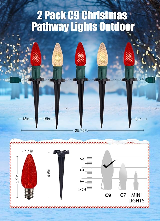 Christmas Pathway Lights Outdoor, 2 Pack 26 Ft 20 LED C9 Strawberry String Lights with Stakes, Connectable Waterproof Outside Christmas Lights Marker for Path, Lane, Patio Decor, Red & Warm White