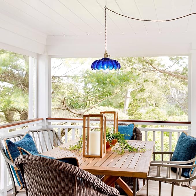 Plug in Pendant Light: Bule Hanging Light Plug in Fixture Hanging Lamp, Glass Pendant Lighting for Kitchen Island, Bedroom, Dining Room, Living Room, E26 No Bulb