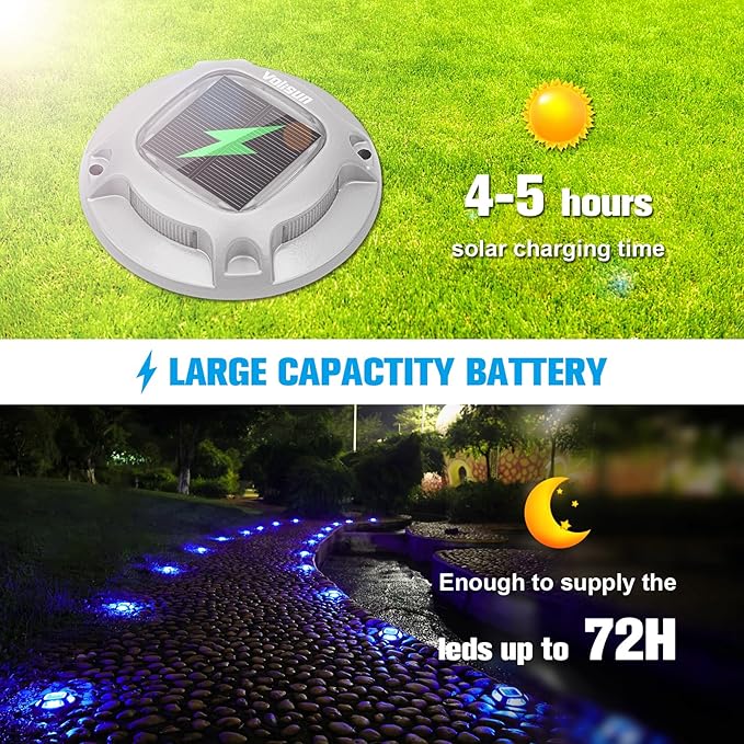 VOLISUN Solar Driveway Lights Dock Marine Lights 4 Pack,2 Colors in 1,Outdoor LED Deck Light,Solar Powered Waterproof Warning Step Light for Driveway Sidewalk Pathway (Blue/White),Saltwater Resistant
