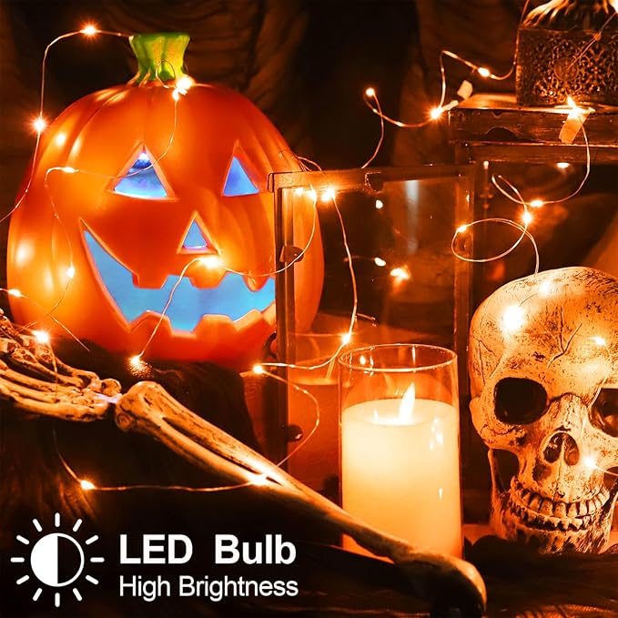 YAOZHOU Thanksgiving Fall Decorations Orange Fairy String Lights Indoor, Battery Operated Powered with Timer, 2 Pack Total 33FT 100 Led Mini Mason Jar Waterproof Firefly Halloween Lights DIY Party