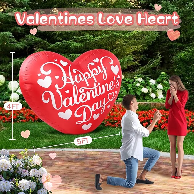 Valentines Inflatables Outdoor Decorations 5FT Long Love Heart Red Sweet Romantic Cute Blow up Yard Decoration LED Lights for Indoor Wedding Holiday Party Garden Lawn Décor