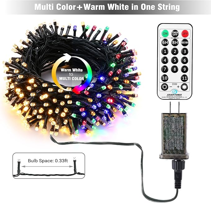 Brizled Christmas Lights, 344.16ft 1000 LED Color Changing Christmas String Lights with Remote, 11 Modes Xmas Tree Light Warm White & Multicolor Xmas Light Green Wire for Home Wedding Party