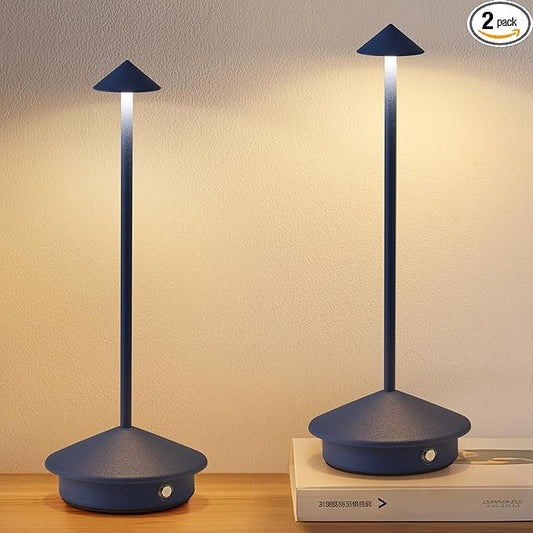 Modern Cordless Table Lamp Set of 2, Portable LED Desk Lamps, 4000mAh Rechargeable Battery Operated Lighting for Bedroom Dining Room Restaurant Coffee Shop Outdoor Camping Night Light (Blue)