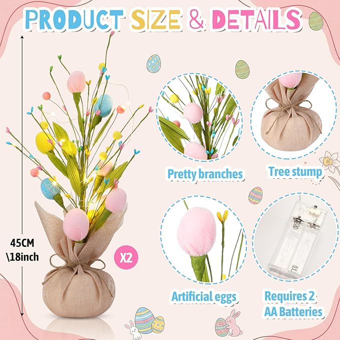 2 Pack 18 Inch Pre-lit Floral Easter Egg Tree Tabletop Decor, Detachable Battery Powered LED String Lights, Spring Centerpiece for Indoor Home Mantel Table Easter Party