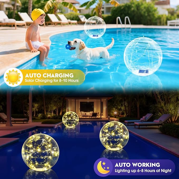 Askyli Floating Pool Lights Solar, IP68 Waterproof Floating Solar Pools Lights, Auto ON/Off Inflatable Pools Solars Light, 15" Inflatable Solars Pools Balls for Pool Pond Outdoor Decor (1Piece)