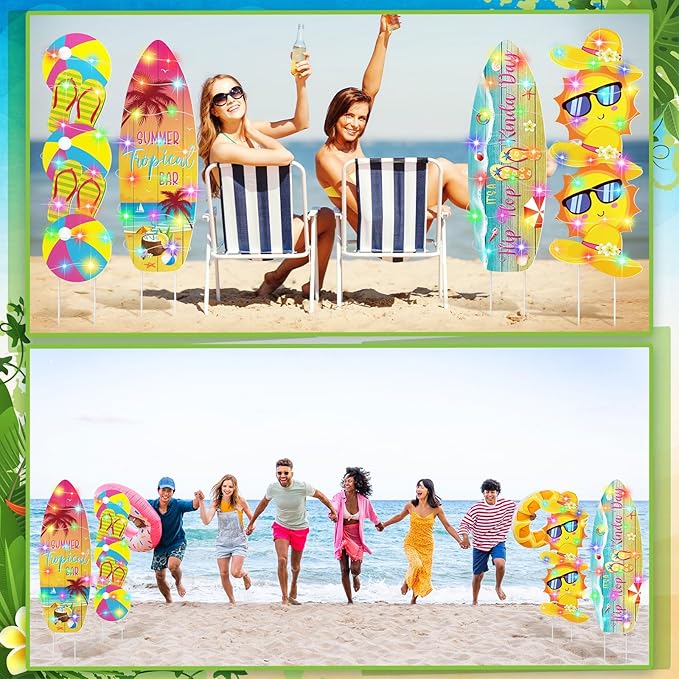 Bencailor 4 Pcs Summer Outdoor Yard Decoration Summer Beach Pool Yard Signs with Stakes LED Hawaiian Themed Party Supplies Beach Ball Surfboard Slipper Decor for Outdoor Lawn Garden Patio