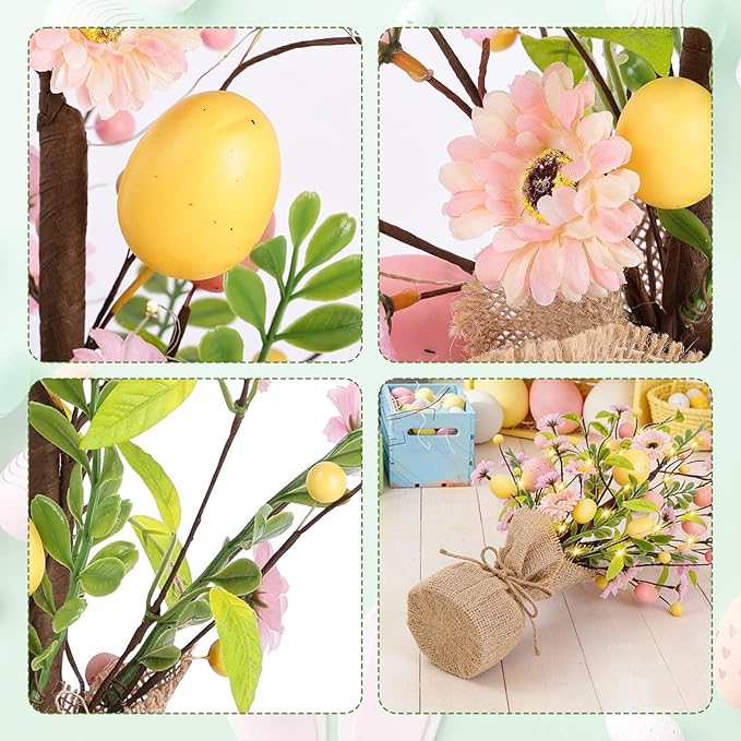 Easter Decorations, Pre-Lit Easter Egg Tree Tabletop Decor with Delicate Ornaments, for Home Easters Party Wedding Holiday Spring Summer Kitchen Dining Table Decor (Pink)