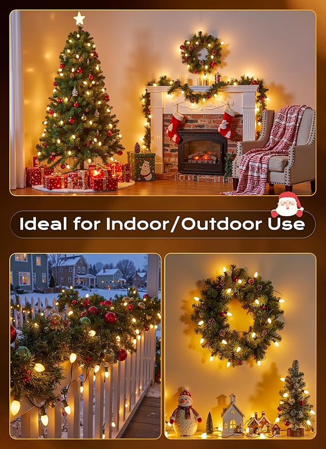 Brightown C9 LED Christmas Lights Outdoor, 25 FT 25 LED Warm White Connectable C9 String Lights for Christmas Tree Patio Roofline Garden Backyard Holiday Party Indoor Outdoor Decoration, Green Wire