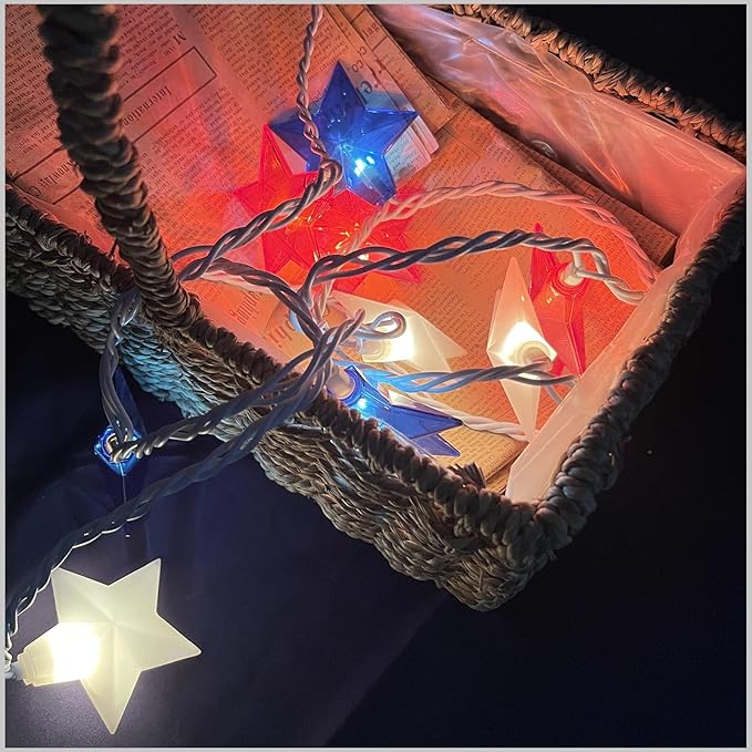 Red White Blue Stars String Lights, 8.5Ft 4th of July Decorations Lights with 10 Red White Blue Lights, Plug in Stars String Lights Outdoor for Independence Day Memorial Patriotic Party Gift Decor