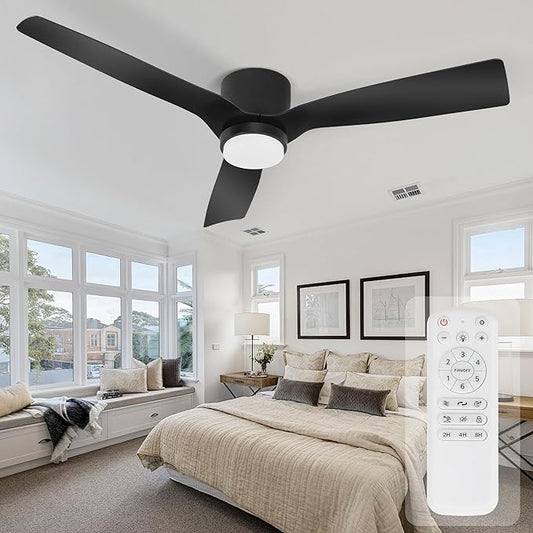 52inch Ceiling Fan with Lights,Flush Mount Ceiling Fan with Remote Control,Dimmable Light,3 Blade,6 Speeds,Mordern Black Ceiling Fan for Bedroom,Dining Room,Hallway