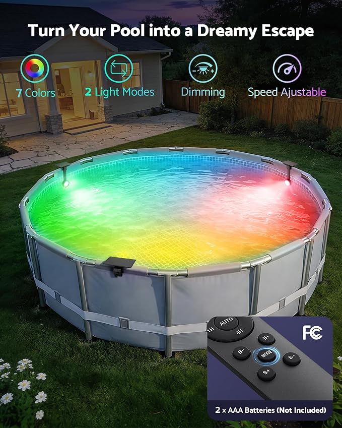 Solar Pool Lights for Metal Frame Above Ground Pools with Remote, 15in 5W LED RGB Underwater Swimming Pool Light Fixture, 7 Colors 2 Modes, IP68 Waterproof, Dusk Auto On & Timer Off, Black