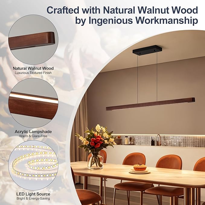 71" Wood Linear Pendant Light, Modern Pendant Lights Kitchen Island with Remote, 24W LED Wood Linear Hanging Chandelier for Dining Room, Kitchen Island, Bar, Pool Table-Walnut