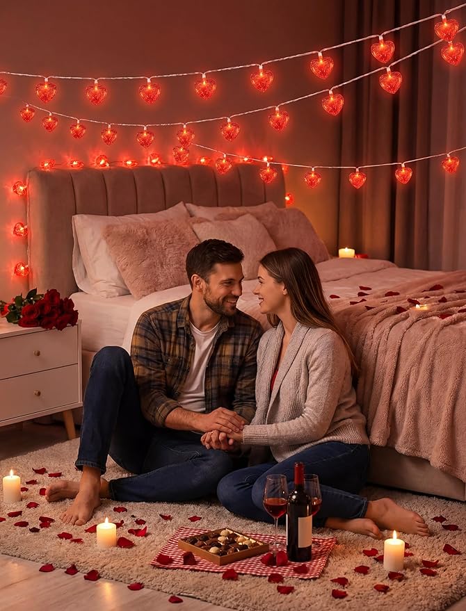 8.5Ft Red Heart String Lights,10 LED 3D Glitter Hearts Plug in Fairy Heart Shape Lights,Connectable Valentine's Day Decorations for Bedroom,Window,Wedding,Anniversary,Indoor Outdoor