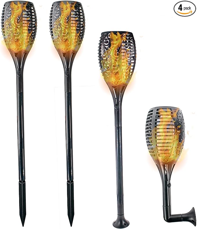 Solar Tiki Outdoor LED Torch Lights - 96 LEDs Realistic Flickering Flames Pathway Lights - Waterproof Outside Decoration For Backyard Yard Landscape - Auto On/Off for Garden, Driveway, Patio (4 Pack)