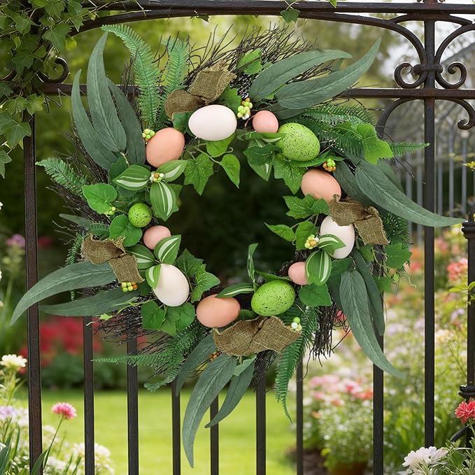 20 Inchs Spring Easter Wreath, Farmhouse Artificial Spring Wreath, Decor with Colorful Easter Eggs, Brown Fabric Strips & Green Eucalyptus Leaves, for Door Wall Window Fences