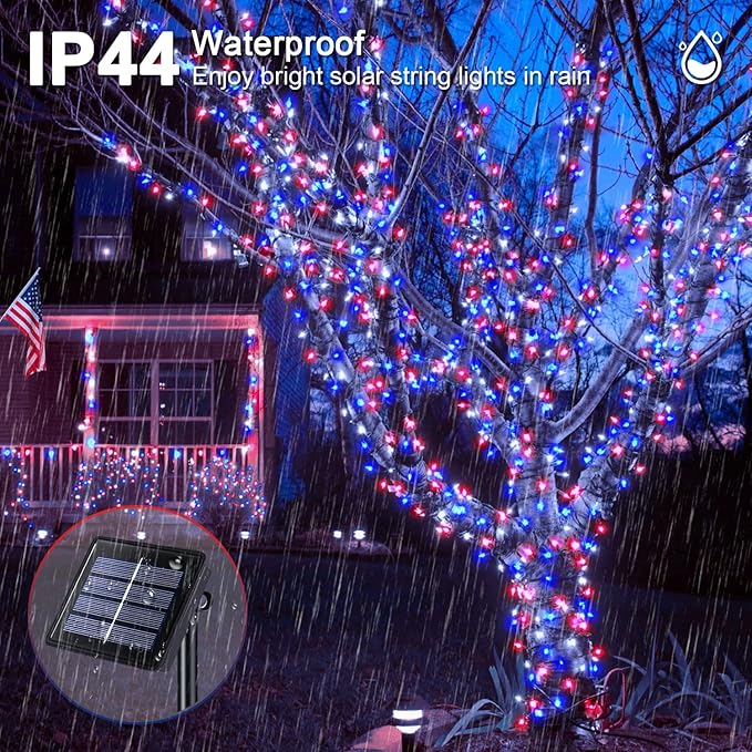 JMEXSUSS 2 Pack Solar String Lights Outdoor Waterproof, Total 400 LED 151FT Solar Christmas Lights Outdoor, 8 Modes Christmas Light for Outside Patio Yard Tree Decorations, Red White and Blue
