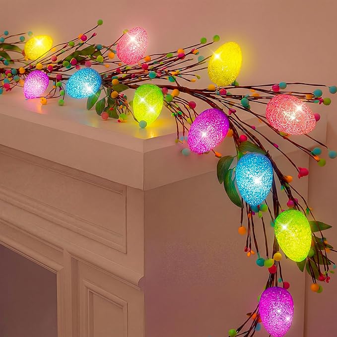 Enhon 6ft Easter Garland with Light, 15 LED Easter Egg Decoration, Spring Decorative for Mantle, Table Centerpieces, Stair Railing, Doorway, Windowsills, Front Door Décor & Party