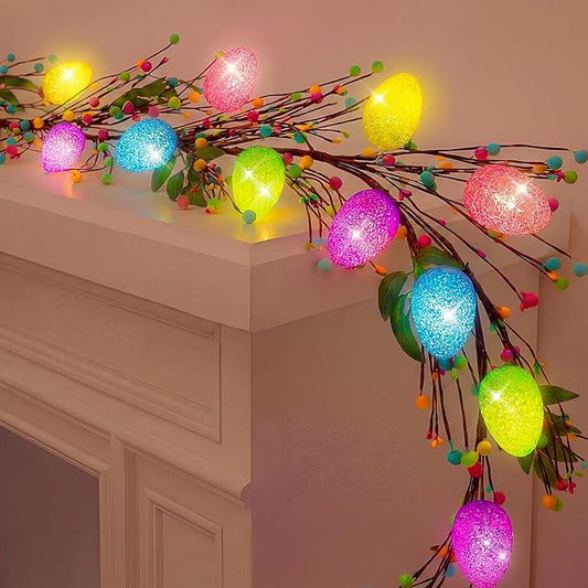 Enhon 6ft Easter Garland with Light, 15 LED Easter Egg Decoration, Spring Decorative for Mantle, Table Centerpieces, Stair Railing, Doorway, Windowsills, Front Door Décor & Party