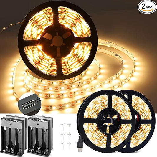USB Warm LED Strip Lights with Battery Box, 16.4ft Warm White LED Light Strip 3000K for Under Bed, Tape Lights Under Cabinet, Kitchen, Bedroom, Christmas, Party, 8.2ft x 2pcs
