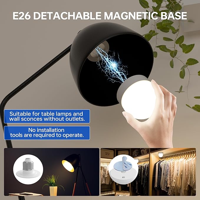 RGB Color Changing Light Bulb: Rechargeable Battery Operated E26 LED Bulbs, 3000mAh Wireless Dimmable Puck Lights with Remote Timer Magnetic for Sconce Lamp, 3 Color Temperatures+12 RGB Colors, 6pcs