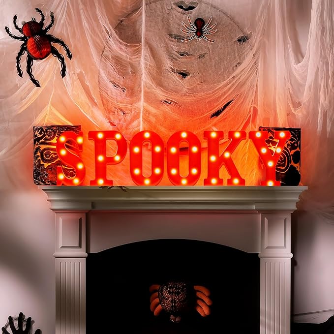 6 Pcs Halloween Decorations LED Spooky Signs Marquee Light up Letters for Table Wall Hanging Red Spooky Letters Lights Halloween Party Supplies for Porch Mantel Bedroom Tabletop