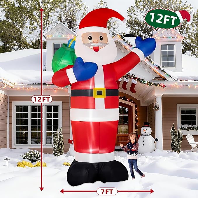 B&D 12FT Giant Christmas Inflatables Santa Claus Outdoor Decorations Built-in LED Lights, Christmas Blow Up Santa Yard Decorations with Gift Bag Inflatable Xmas Decorations for Yard Garden Lawn