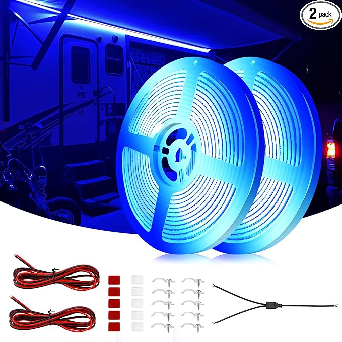 COB RV Awning Lights, 12V 32.8FT Camping Awning Light, IP68 Waterproof LED Lights, RV Exterior Strip Lights for Motorhome Travel Trailer Canopy Party, Stands Food Trucks (Blue)