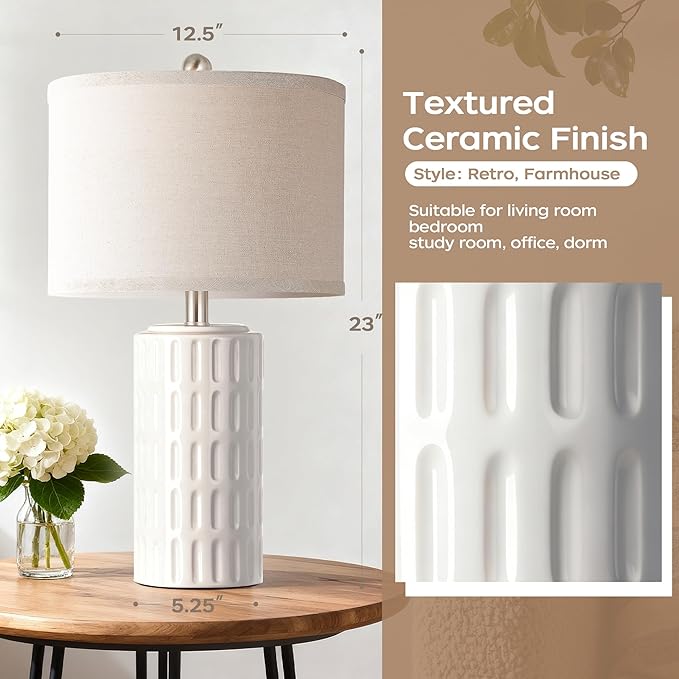 PARTPHONER 23" Farmhouse Modern Ceramic Table Lamp Set of 2 - White Bedside Lamps for Bedroom & Living Room, Nightstand, Desk, End Table