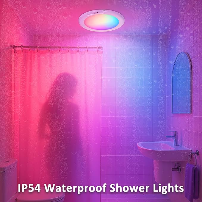 maylit Shower Lights 2 Pack, RGBW Rechargeable Ceiling Light, Waterproof Battery Operated Lamp, Wireless Stick on Inside Motion Sensor Mood LED Lighting for Bathroom No Wiring, Indoor