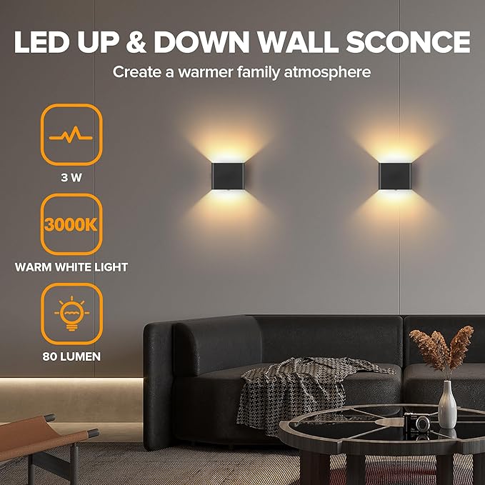 LUTEC Motion Sensor Wall Light, 5000mAh Rechargeable Battery Powered Wall Lamp, Two Adjustable Modes, Waterproof, Wireless LED Up and Down Wall Sconce for Living Room, Hallway, Bedroom-Black