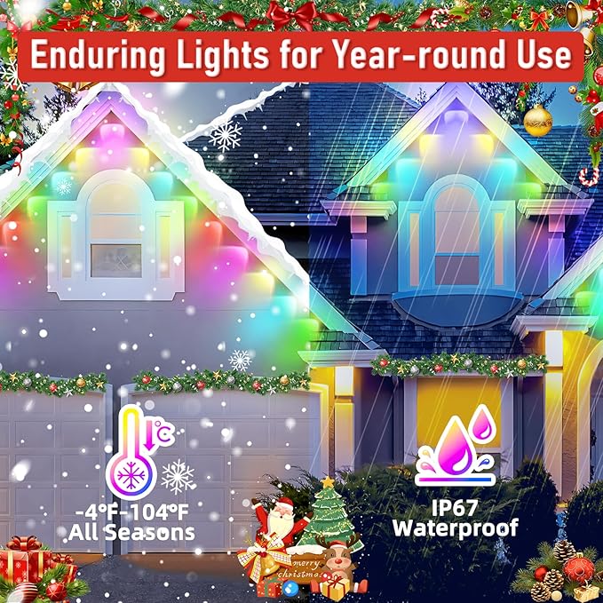 MUCCCUTE Permanent Outdoor Lights for Easter100ft RGB + IC Eaves Lights with App & Remote Control, Outdoor String LED IP67 Waterproof for Holidays New Year July 4th Roof Eaves House Garden Decor