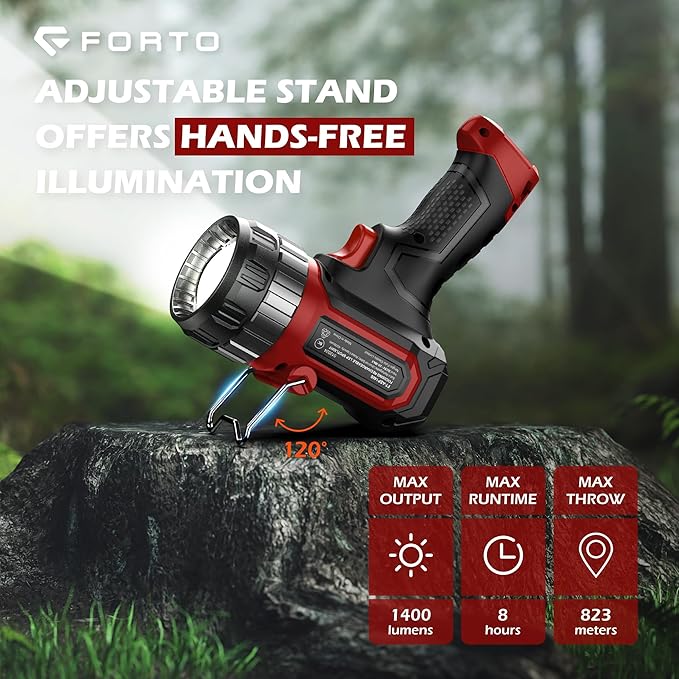 FORTO Compact Rechargeable Spotlight with Adjustable Focus, Handheld Spot Light with Stand, 823m Range, 3 Light Modes and LED Spot Lights Outdoor for Boating Hunting Camping Hiking