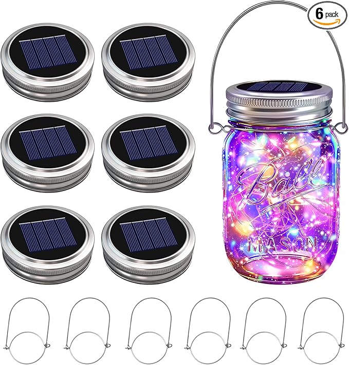 VOOKRY 6 Pack Solar Mason Jar Lights, 30 LED Mason Jar Lids Waterproof Firefly Fairy String Lights with 6 Hangers(No Jars), for Outdoor Patio Garden Yard Lawn Party Wedding Decoration - Multicolor