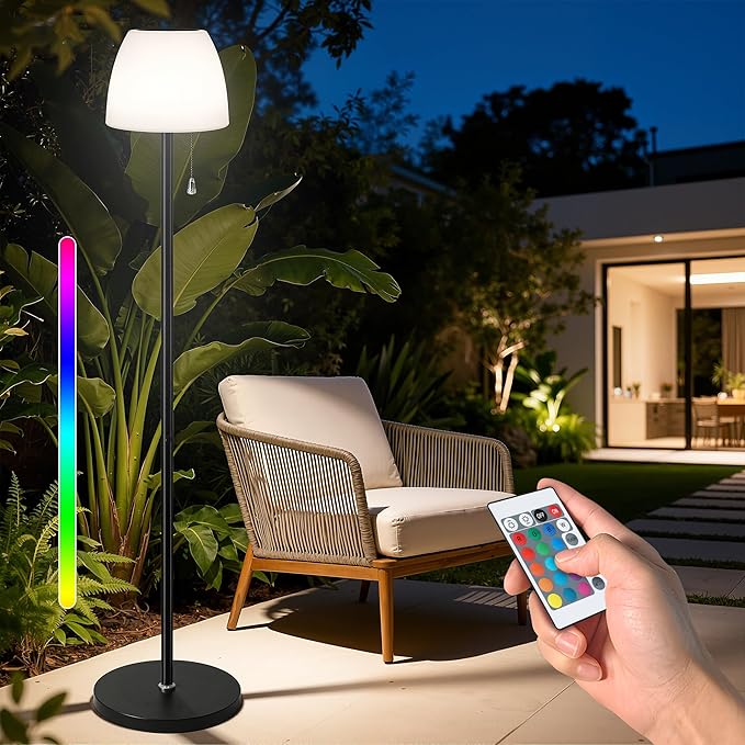 Solar Outdoor Floor Lamp - lP65 Waterproof, USB Rechargeable, 16 Colors & 4 Modes,Cordless Floor Lamp, Light Sensor & Remote Control, Adjustable Height for Garden, Yard, Balcony, Pool