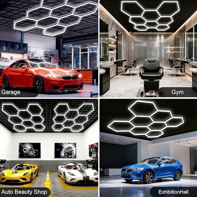 MODERN Hexagon Garage Light, 38880LM Ultra Bright, 6500K Daylight White, 8-Grid Anti-Glare for Garage, Workshop, Gym