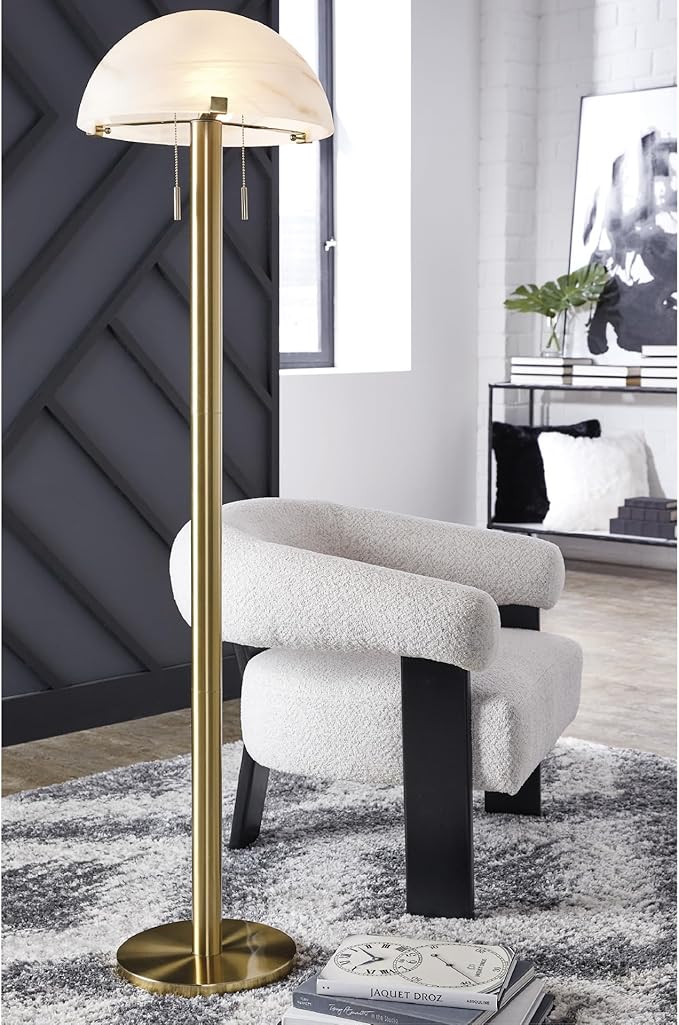 Signature Design by Ashley Tobbinsen Vintage Metal and Glass Floor Lamp with Pull Chain Switch and 2 Sockets, Metallic & White
