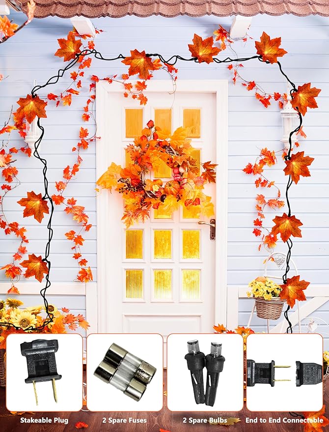 Thanksgiving Orange Maple Leaf Lights, 13.6FT Orange Fall Leaves String Lights, Waterproof Connectable Outdoor Patio String Lights for Indoor Home Outdoor Fall Decor Halloween Decorations