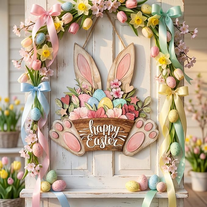 Happy Easter Door Decorations Hanging Sign for Decor for Frontdoor 11.8 Easter Eggs Hanging Plaque Bunny Rabbit Sign Wall Hanger Floral Spring Decor for Front Door Porch Yard Wall Home Decorations