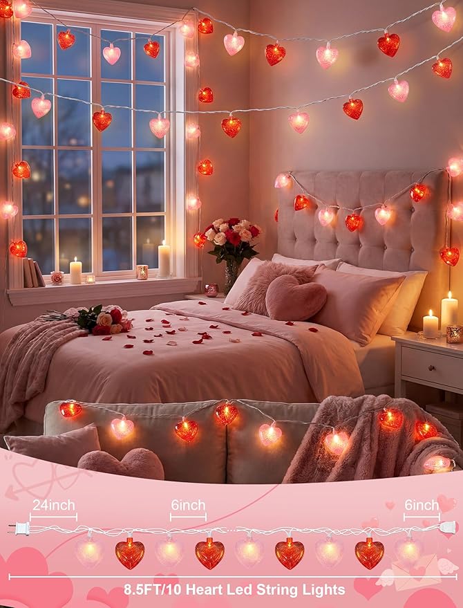 8.5Ft Red and Pink Heart String Lights,10 LED 3D Glitter Hearts Plug in Fairy Heart Shape Lights,Connectable Valentine's Day Decorations for Bedroom,Window,Wedding,Anniversary,Indoor Outdoor