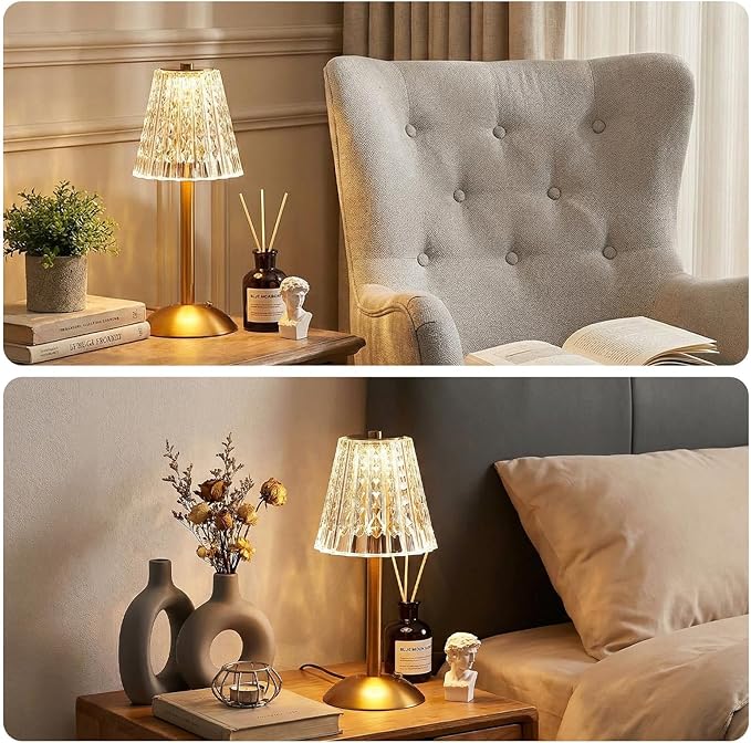 Liliful 1 Pcs Cordless Table Lamp Rechargeable Touch LED Small Gold Portable Battery Operated USB-c Desk Lamp 3 Color Dimmable for Bedroom Living Room Dining (Gold,Classic Style)