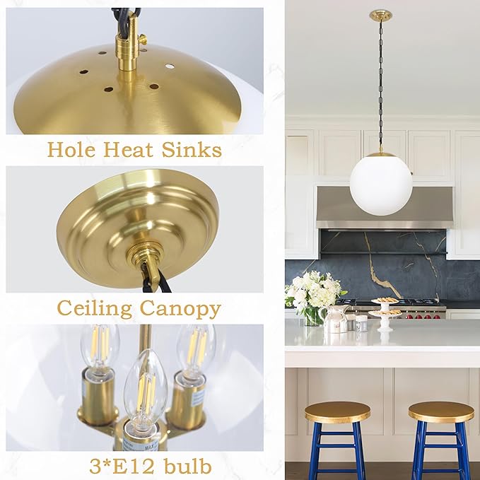 KoKo&Yukina 13.7" Gold Globe Pendant Light Mid Century Pendant Light Milk Glass Pendant Lights Kitchen Island Adjustable Hanging Light Fixture for Dining Room Bedroom Kitchen Islan