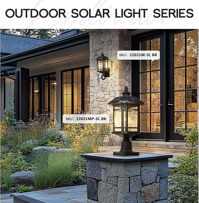 Emliviar 20.5" Solar Post Light Outdoor, Large Black Solar Column Light Head with Remote Control, LED Exterior Fence Lamp with Water Grain Glass, 22021MP-SL BK